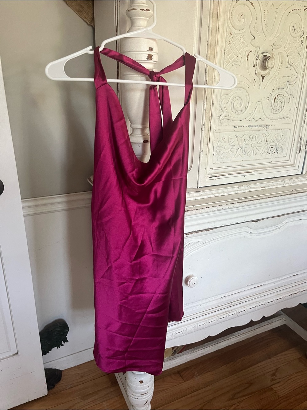 Satin Halter Midi Dress in Fuchsia with Tie Back